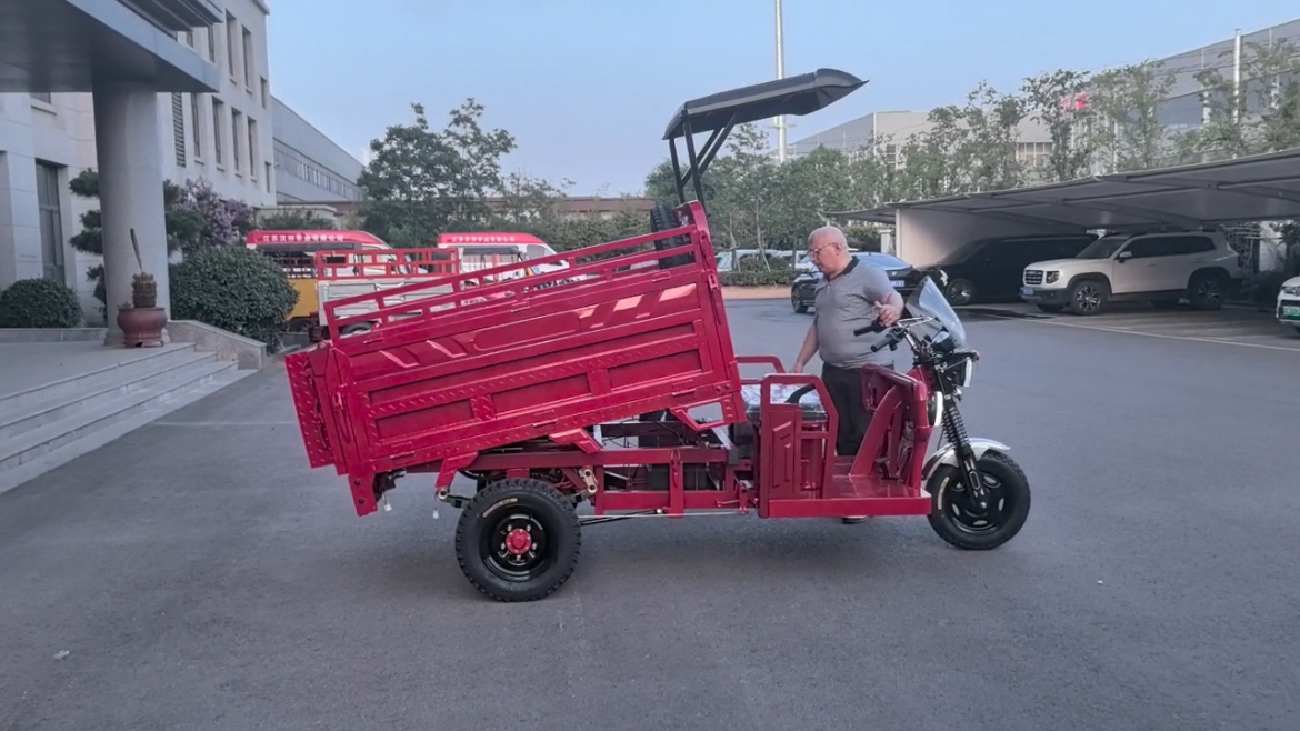 Overseas customer test self-unloading electric cargo tricycle, dump three wheel transport vehicle with lifting cargo box for farm goods delivery wholesale